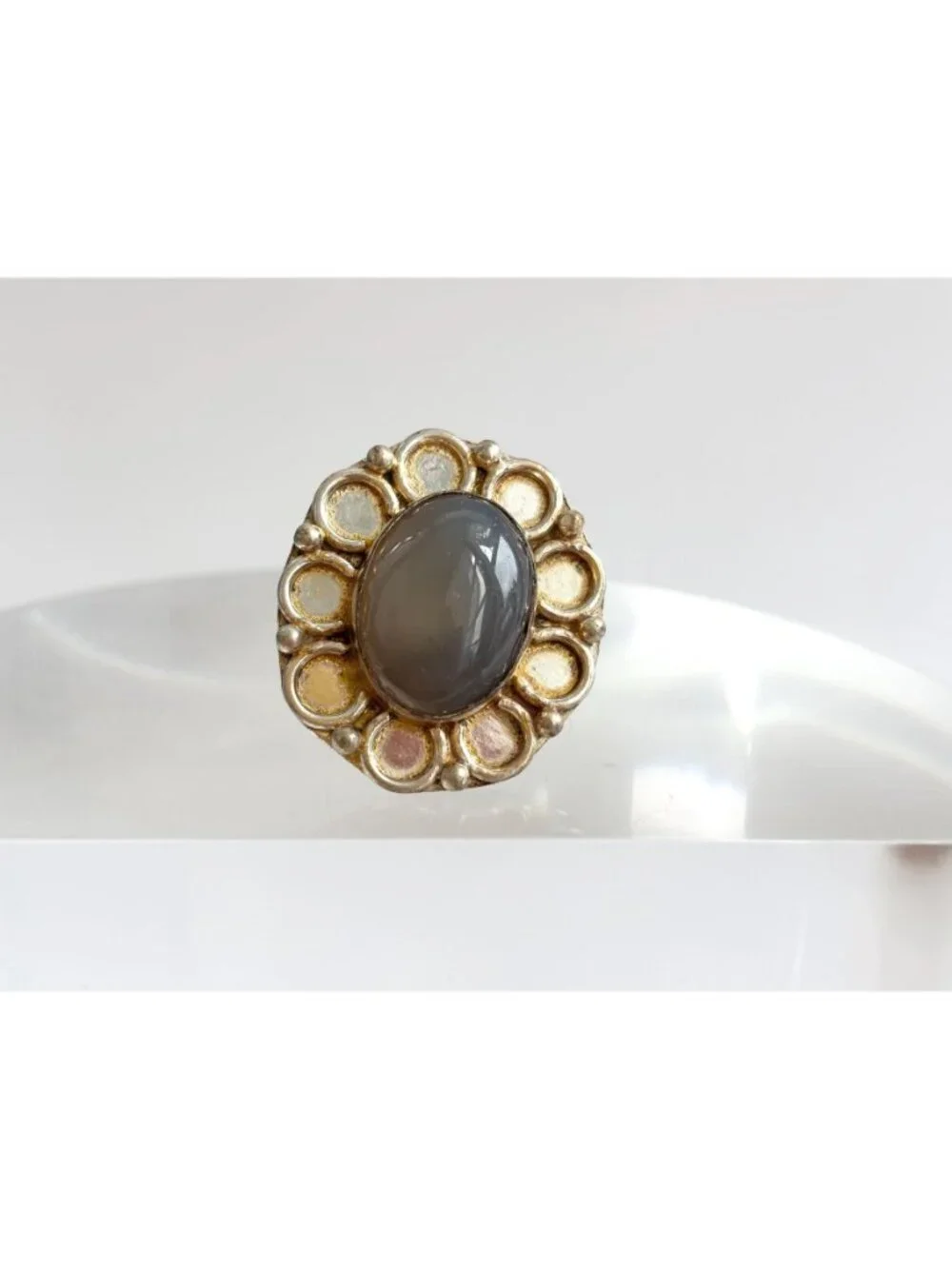 Grey Agate Cabochon Oval Stone Scalloped Sterling Silver 925 Vintage Ring - sz 9